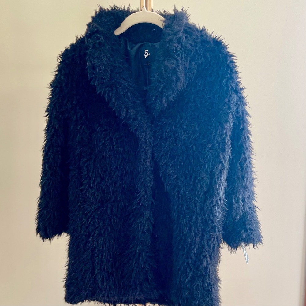 Art Class Kids Black Shaggy Faux Fur Notched‎ Lapel Mid Length Coat Size S 6/7